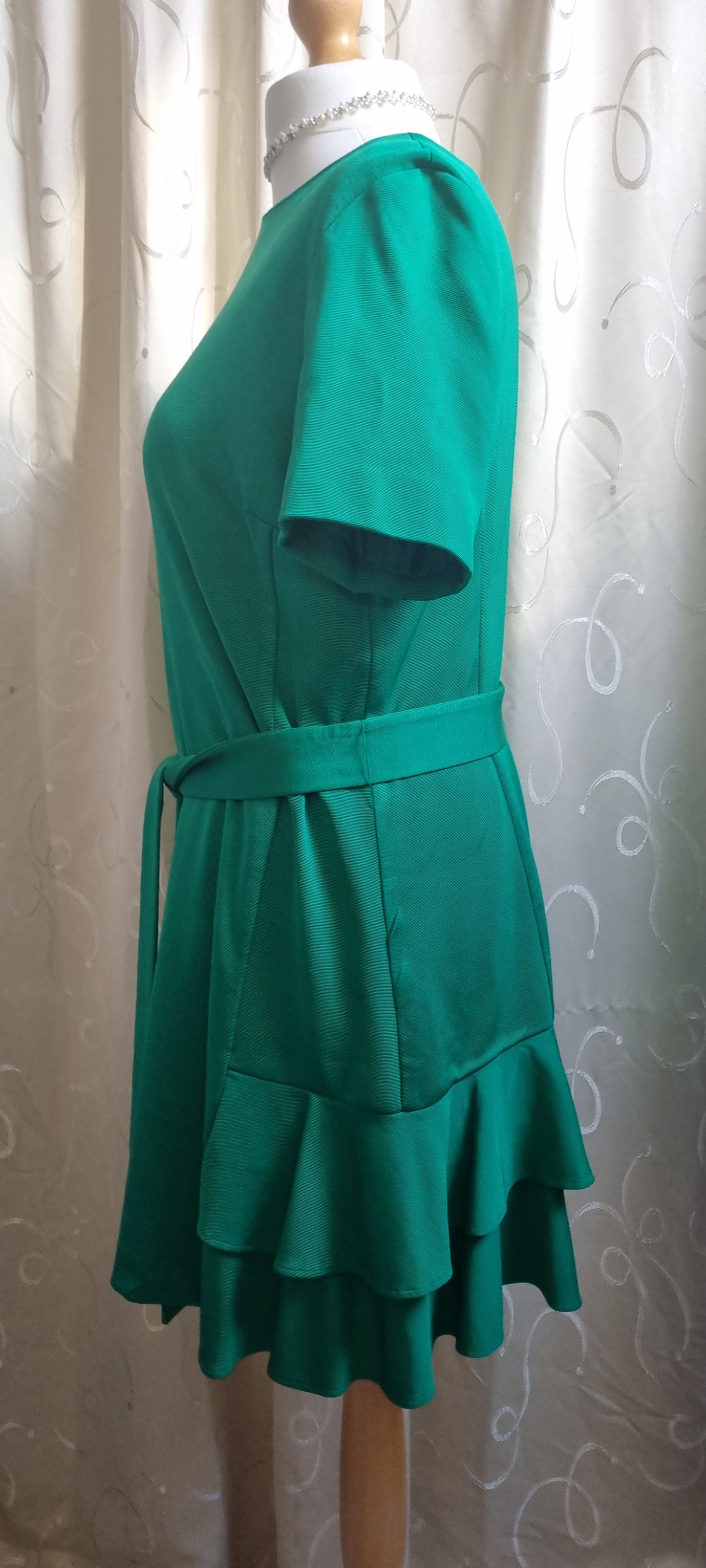 Karen Millen Dress UK 22 Green Belted Ruffle Hem Party Cocktail Wedding Guest