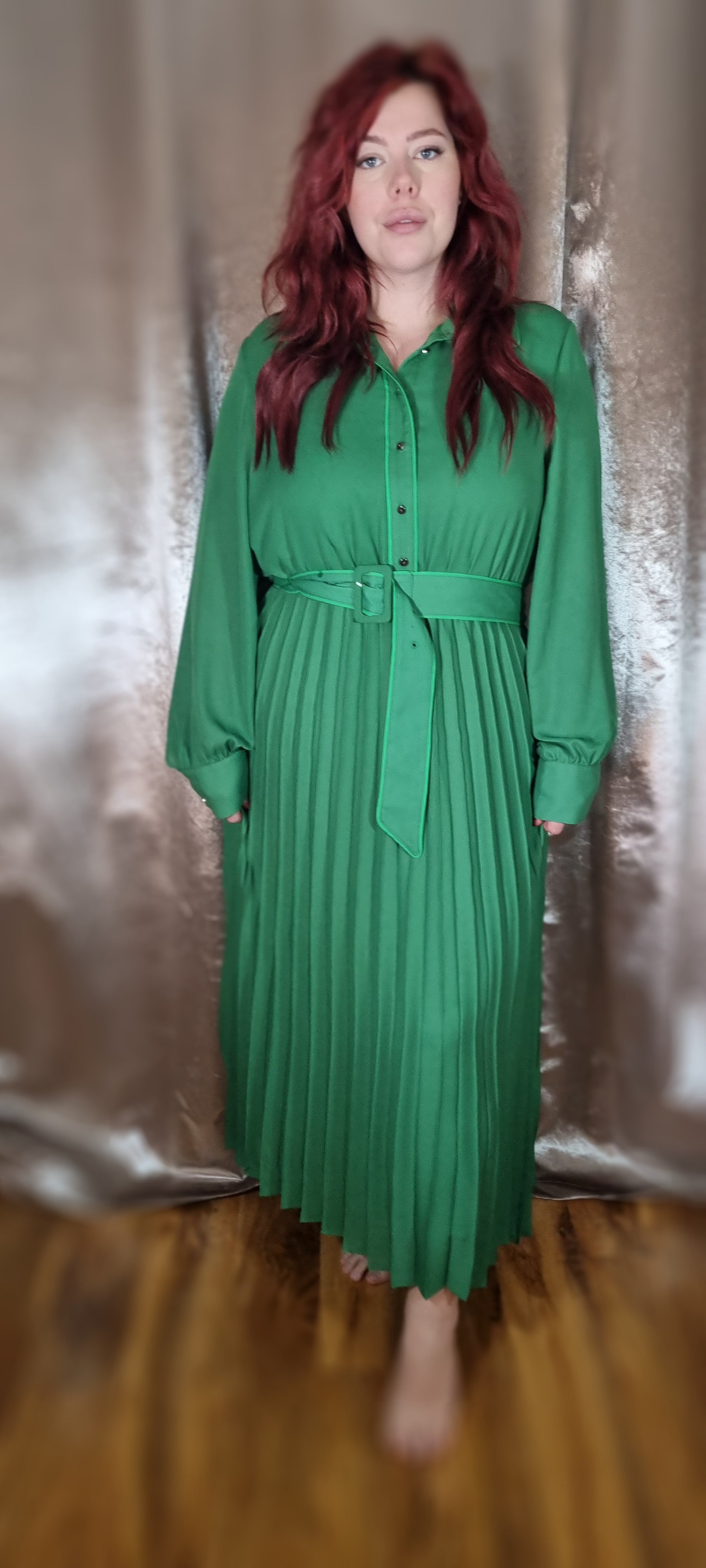 Karen Millen Karen Millen - Green Pleated Midi Shirt Dress Belted El Karamel Mary Karen Millen Karen Millen - Green Pleated Midi Shirt Dress Belted El Karamel Mary