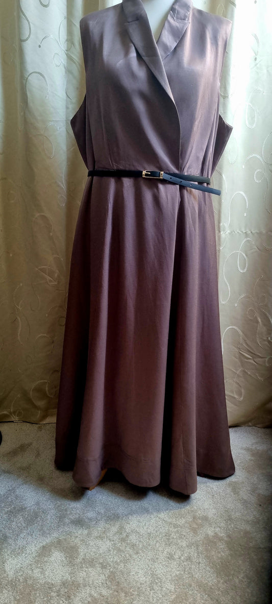 Karen Millen Linen Blend Midi Dress Size 24 Plus Collared Sleeveless Belted