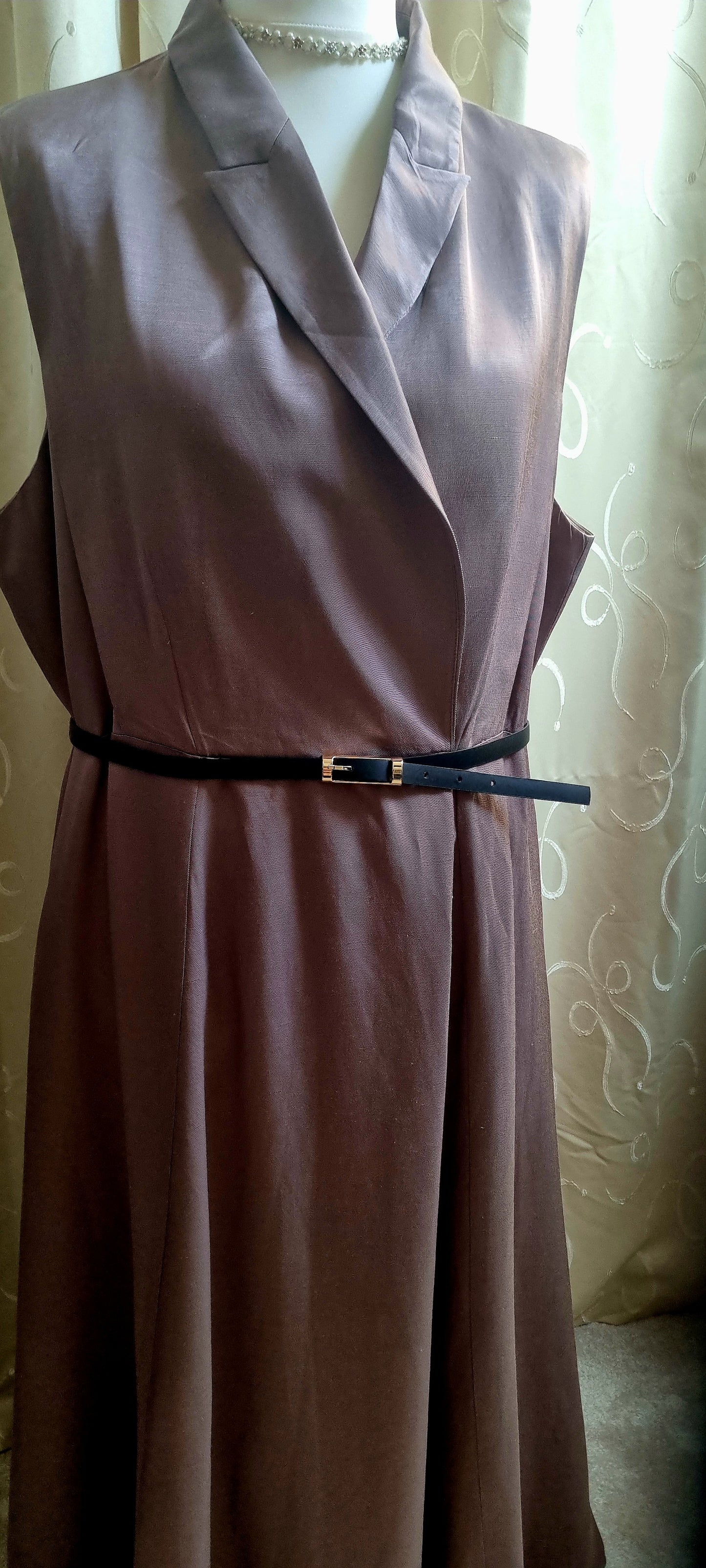 Karen Millen Linen Blend Midi Dress Size 24 Plus Collared Sleeveless Belted