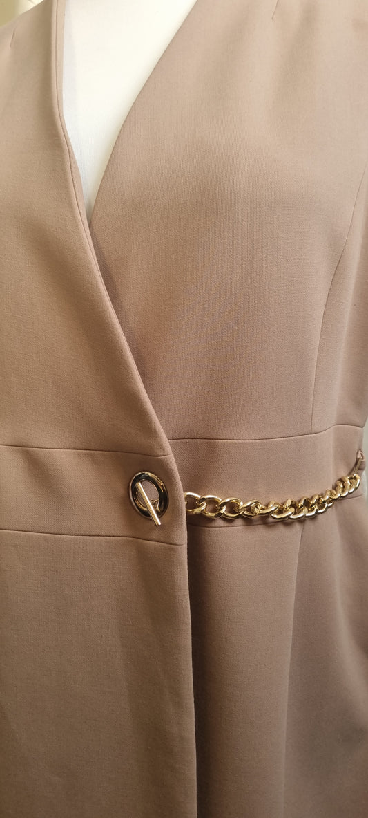 Karen Millen Dress UK 20 Taupe Beige Sleeveless Chain Detail Shift Midi NWT