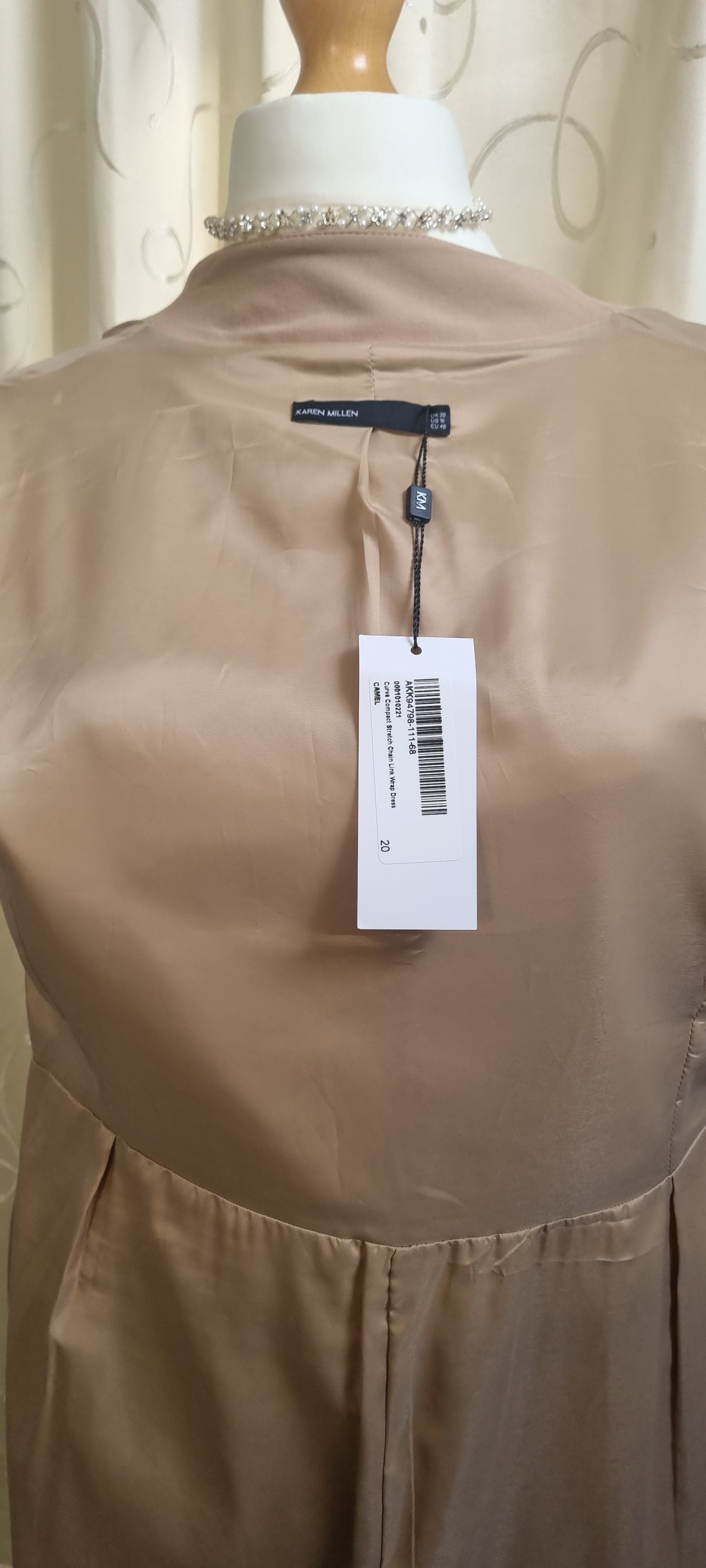Karen Millen Dress UK 20 Taupe Beige Sleeveless Chain Detail Shift Midi NWT