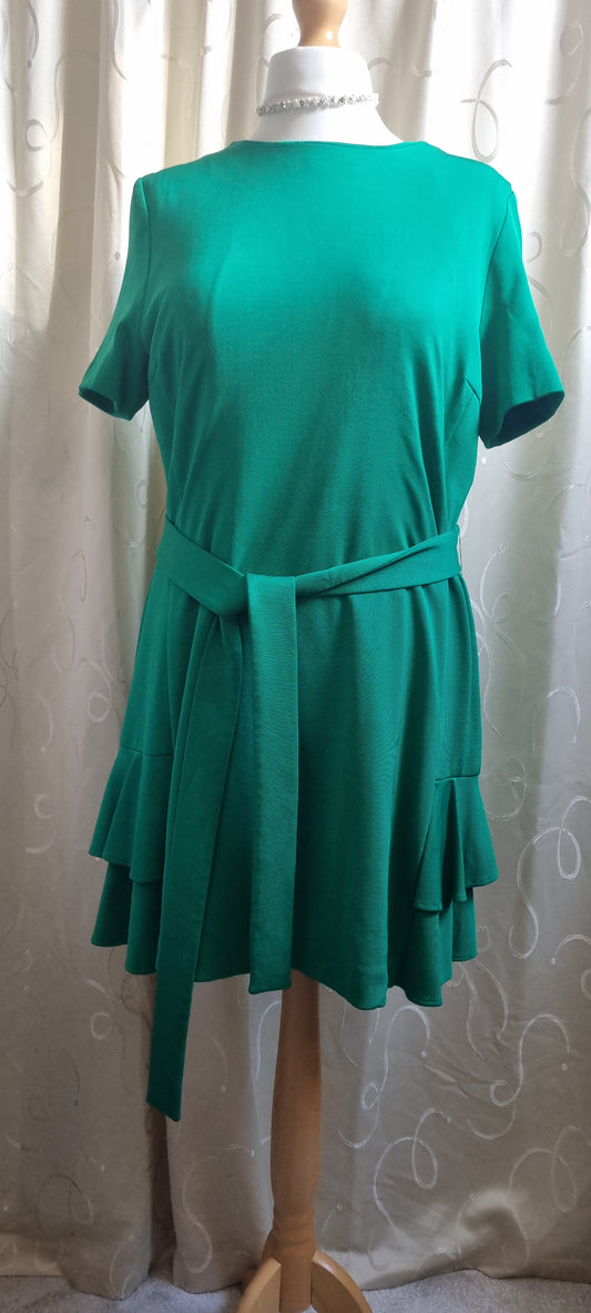 Karen Millen Dress UK 22 Green Belted Ruffle Hem Party Cocktail Wedding Guest