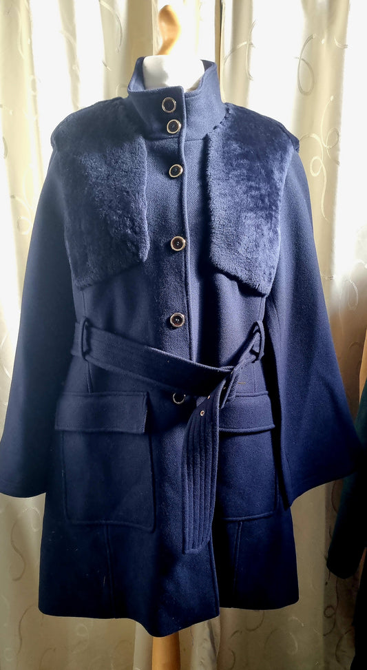Karen Millen Navy Cape Jacket – Size 22 – Italian Virgin Wool Shearling Mix