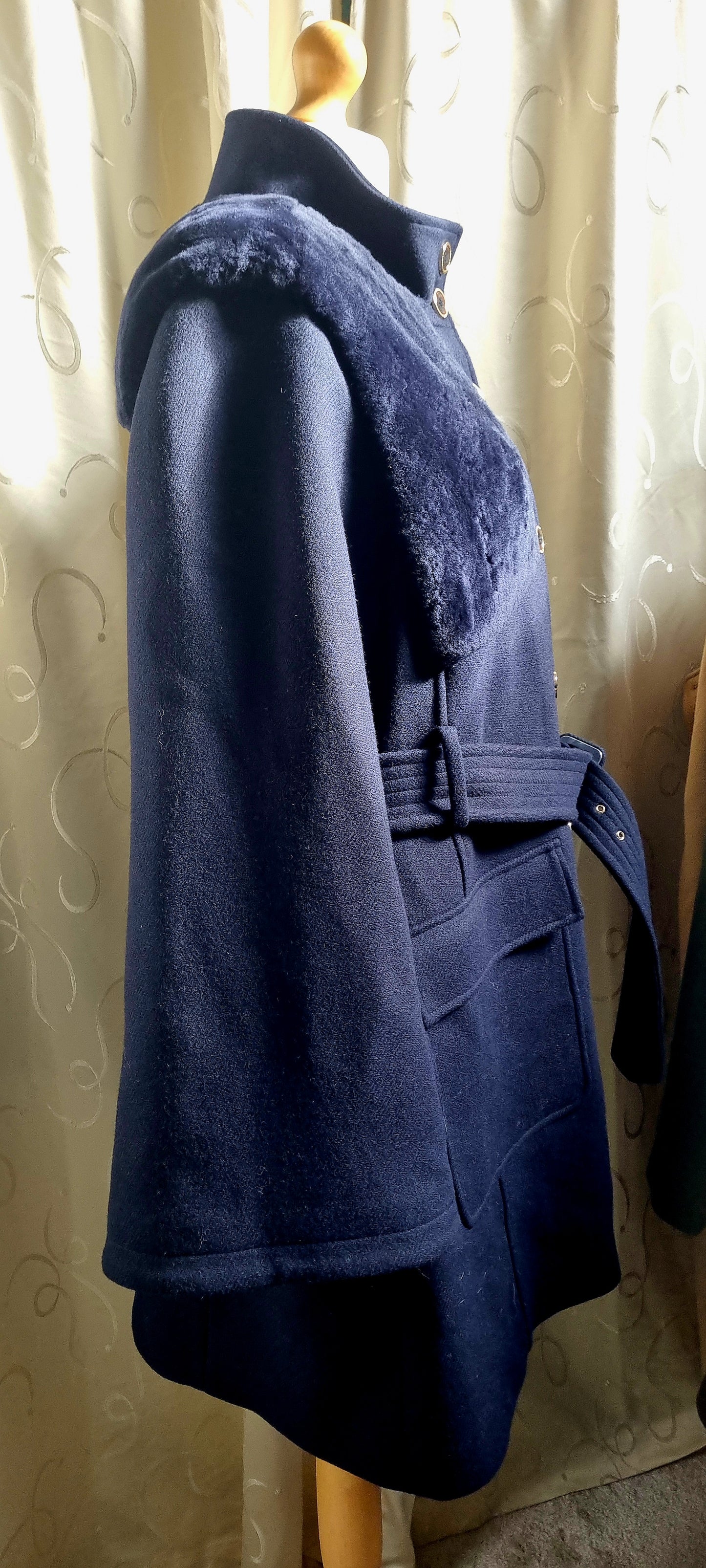 Karen Millen Navy Cape Jacket – Size 22 – Italian Virgin Wool Shearling Mix