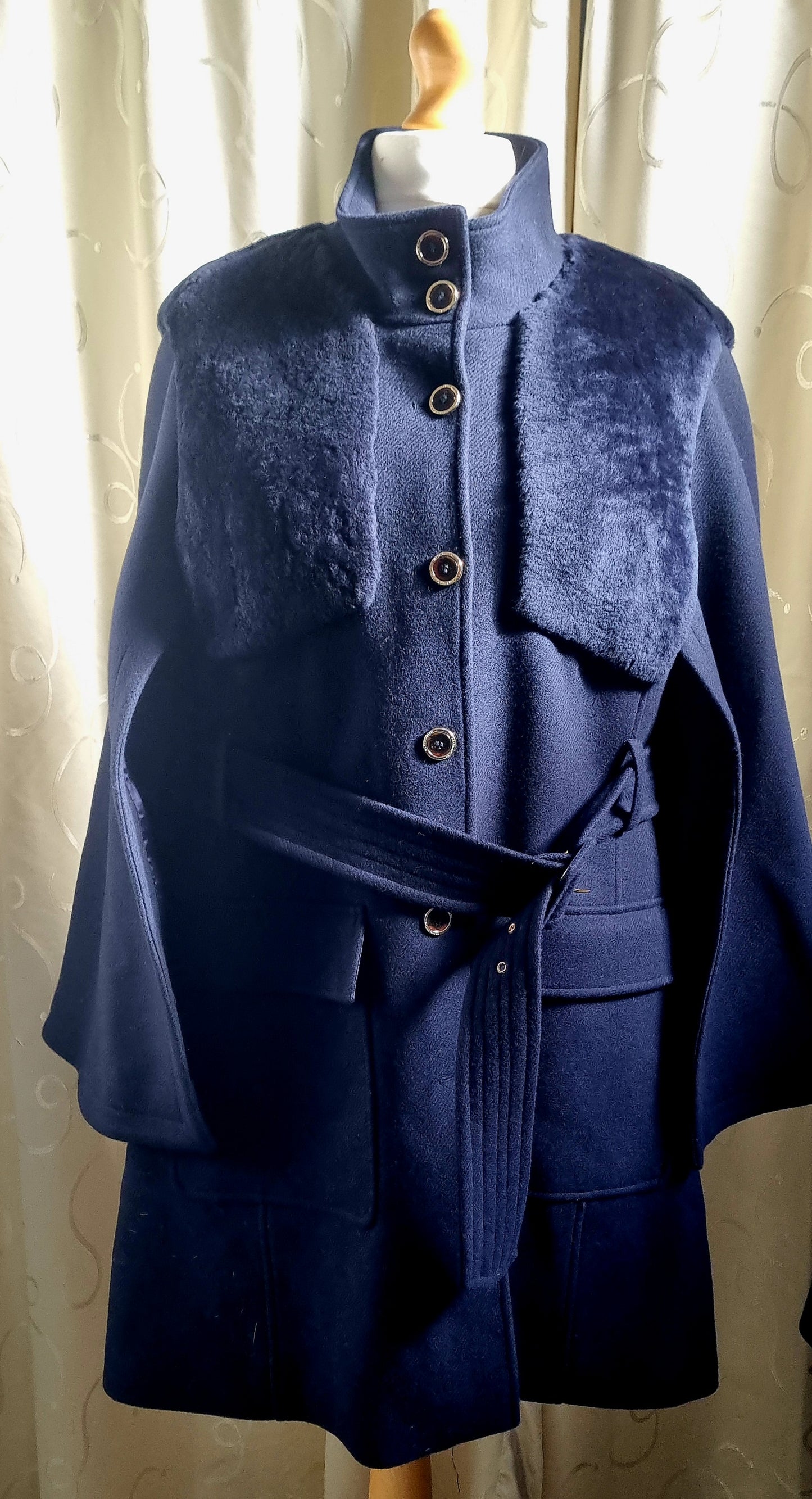 Karen Millen Navy Cape Jacket – Size 22 – Italian Virgin Wool Shearling Mix
