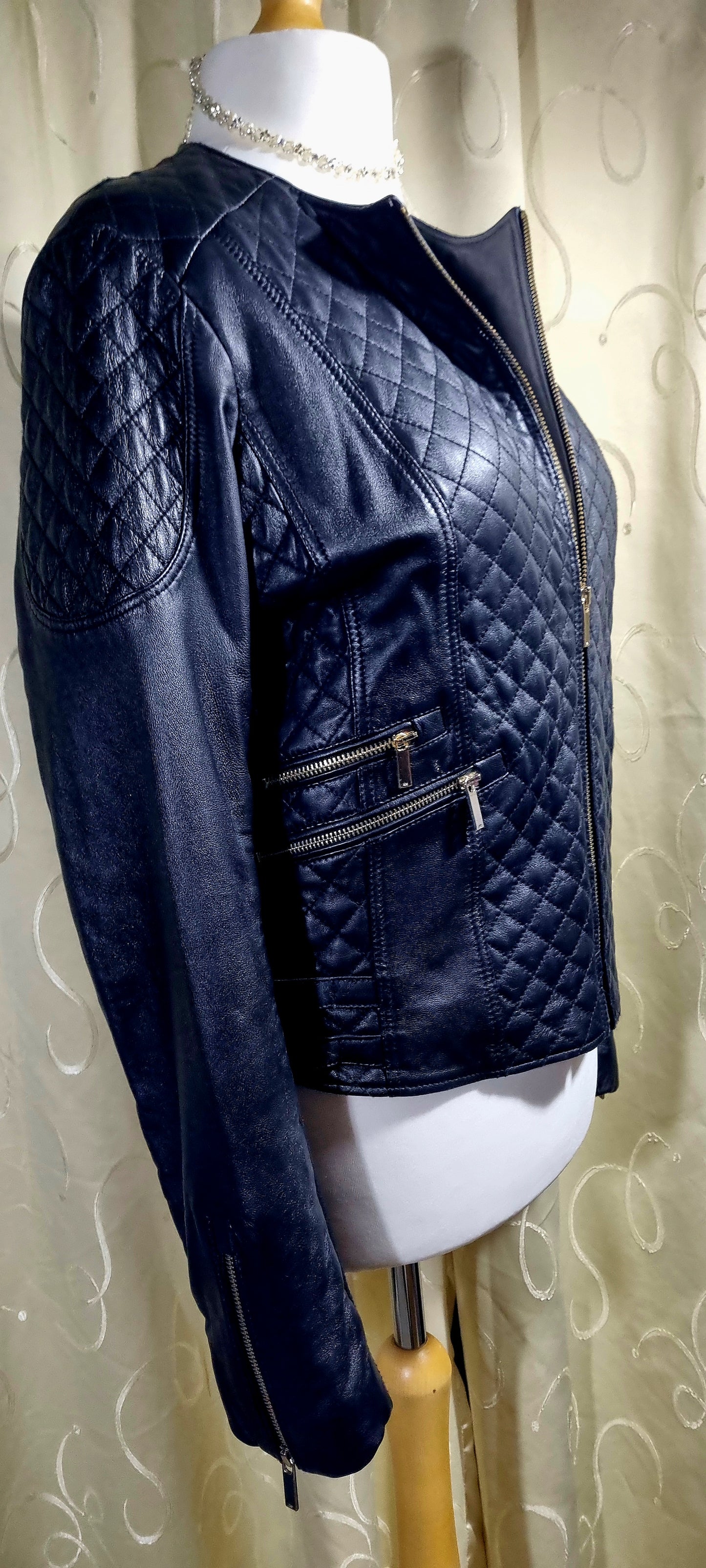 Karen Millen Black Quilted Real Leather Biker Jacket – Size 20 – Excellent Pre-Worn Condition